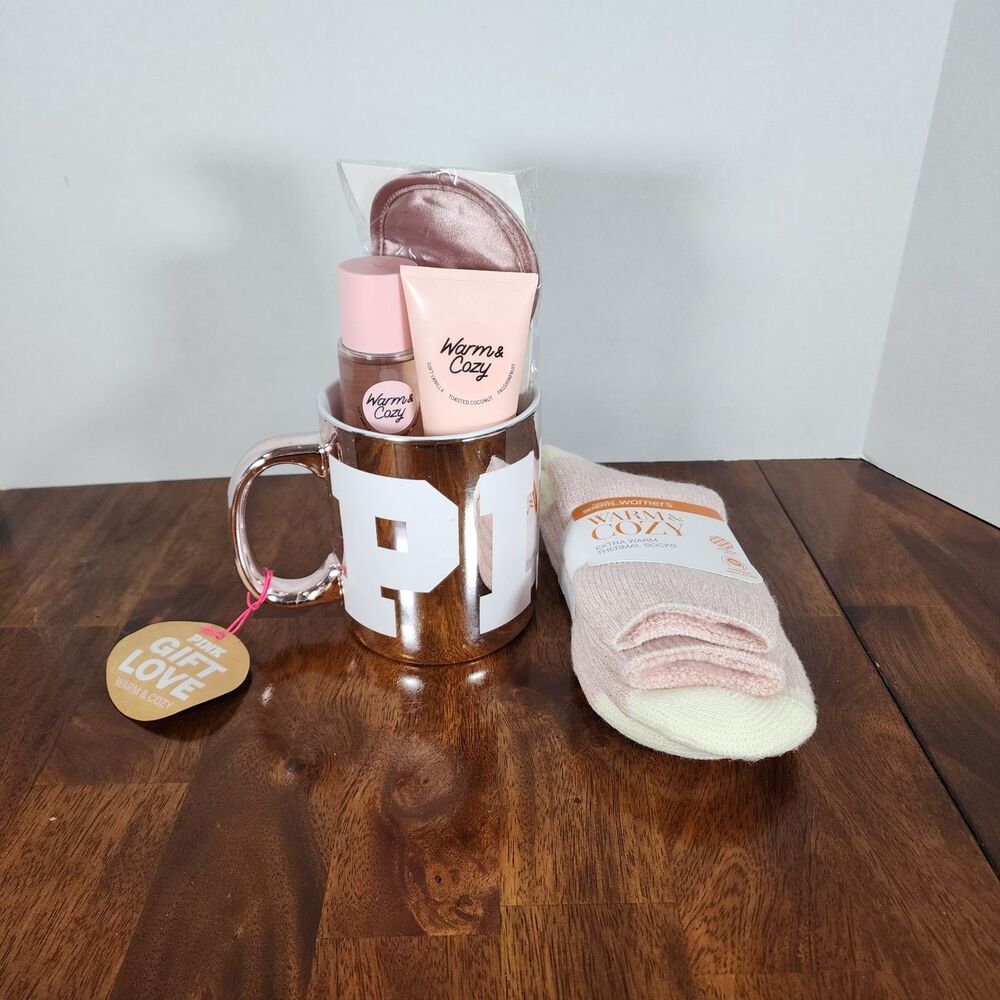 Victoria's Secret Pink Mug Gift Set (Mug, Mask, Lotion, Scrub) & Cozy Socks